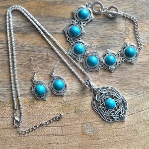 Vintage Inspired Bohemian 3-Piece Faux Turquoise Set Necklace Earrings Bracelet